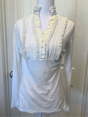 J. Crew Ruffle V-Neck Buttons Pin-tuck Long Sleeve Cotton Henley Small